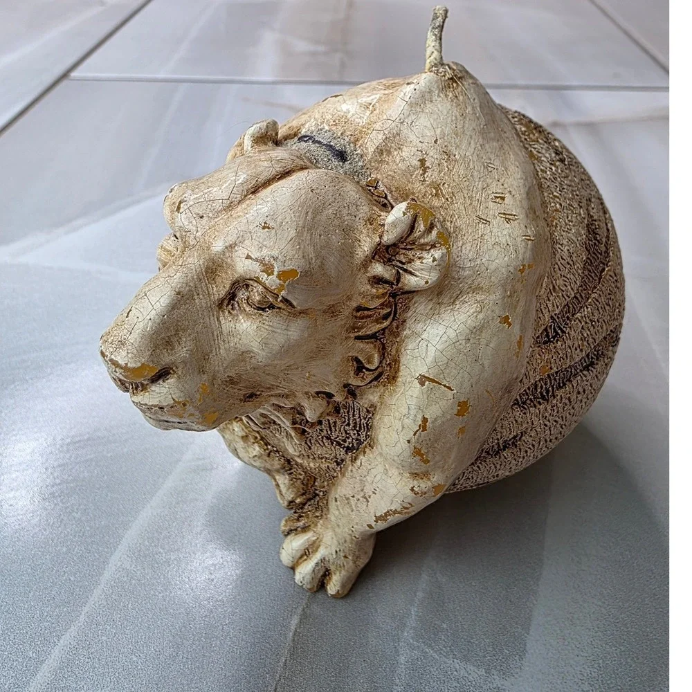 Vintage Sculpted Tiger Head Sphere Candle Cream Tan Textured Safari Decor P4‎